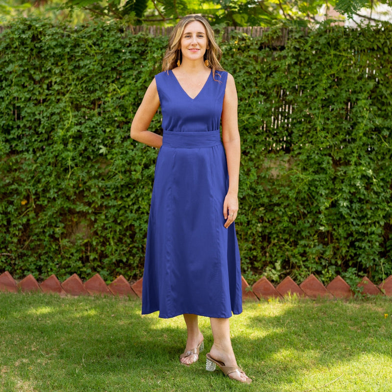 Royal Blue Cotton V-Neck Sleeveless Maxi Dress