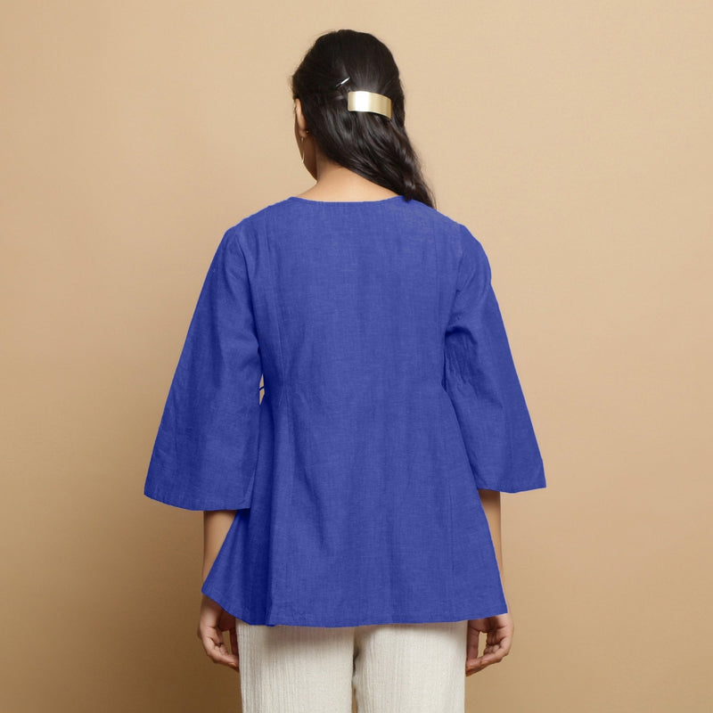 Royal Blue Embroidered Cotton Poplin Asymmetrical Godet Top