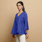 Royal Blue Embroidered Cotton Poplin Asymmetrical Godet Top