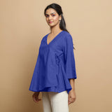 Royal Blue Embroidered Cotton Poplin Asymmetrical Godet Top
