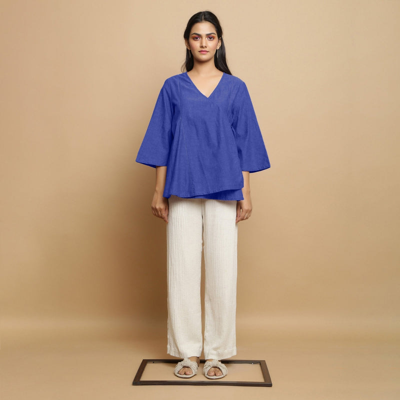 Royal Blue Embroidered Cotton Poplin Asymmetrical Godet Top