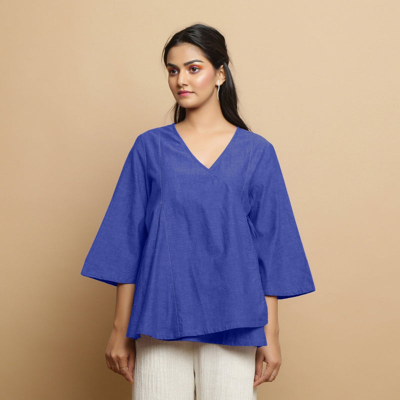 Royal Blue Embroidered Cotton Poplin Asymmetrical Godet Top