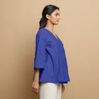Royal Blue Embroidered Cotton Poplin Asymmetrical Godet Top