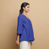 Royal Blue Embroidered Cotton Poplin Asymmetrical Godet Top