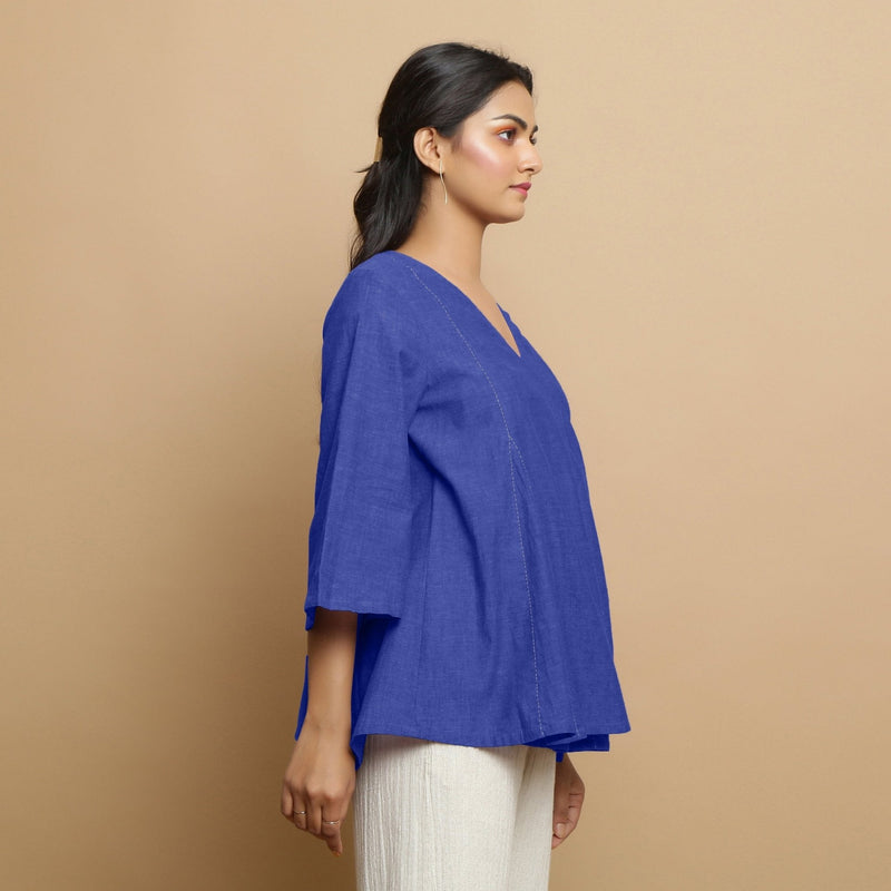 Royal Blue Embroidered Cotton Poplin Asymmetrical Godet Top