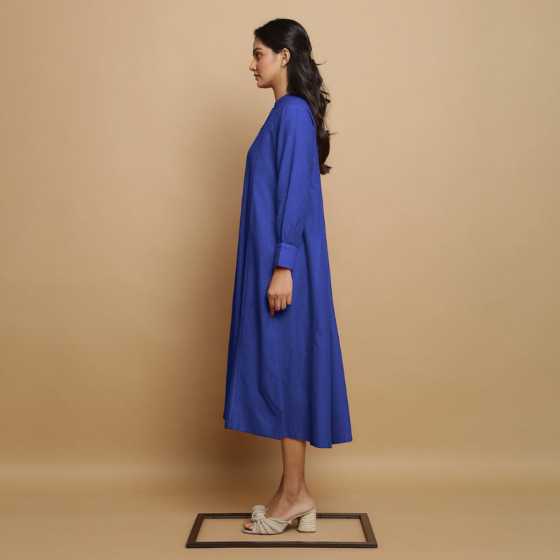 Royal Blue Hand-Embroidered Cotton Poplin Paneled Midi Dress