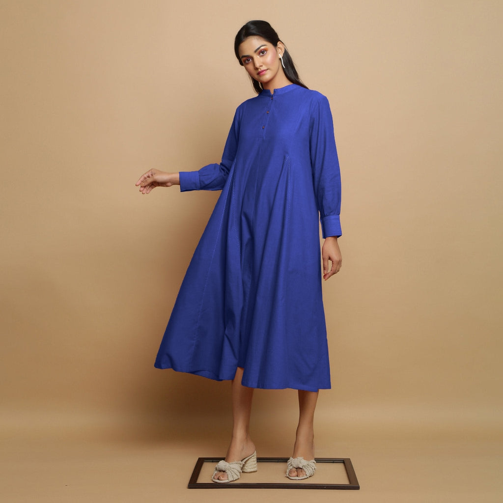 Royal Blue Hand-Embroidered Cotton Poplin Paneled Midi Dress