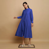 Royal Blue Hand-Embroidered Cotton Poplin Paneled Midi Dress