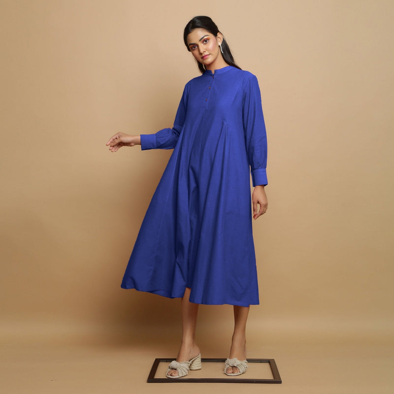 Royal Blue Hand-Embroidered Cotton Poplin Paneled Midi Dress