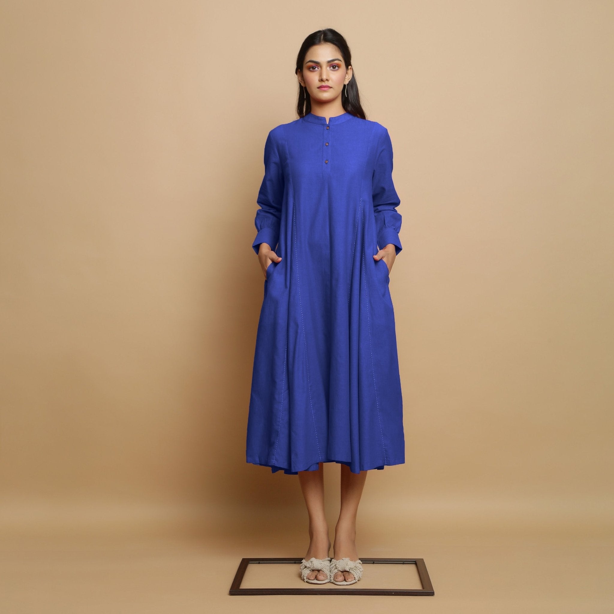 Royal Blue Hand-Embroidered Cotton Poplin Paneled Midi Dress