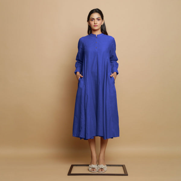 Royal Blue Hand-Embroidered Cotton Poplin Paneled Midi Dress