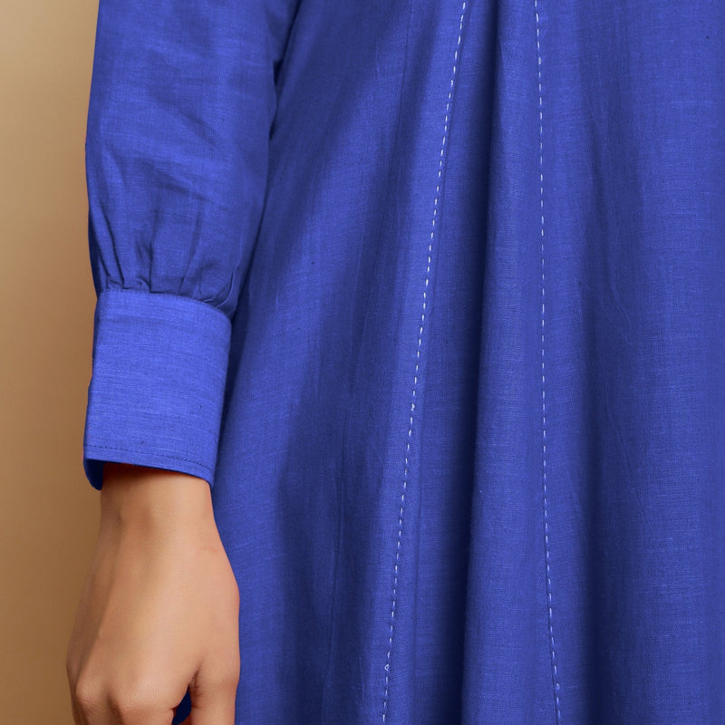 Royal Blue Hand-Embroidered Cotton Poplin Paneled Midi Dress