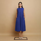 Royal Blue Hand-Embroidered Cotton Poplin Sleeveless Midi Dress