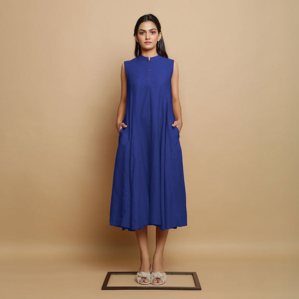 Royal Blue Hand-Embroidered Cotton Poplin Sleeveless Midi Dress