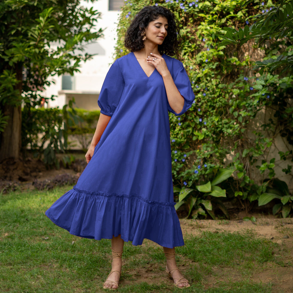 Royal Purple Cotton Poplin A-Line Deep Neck Maxi Tier Dress