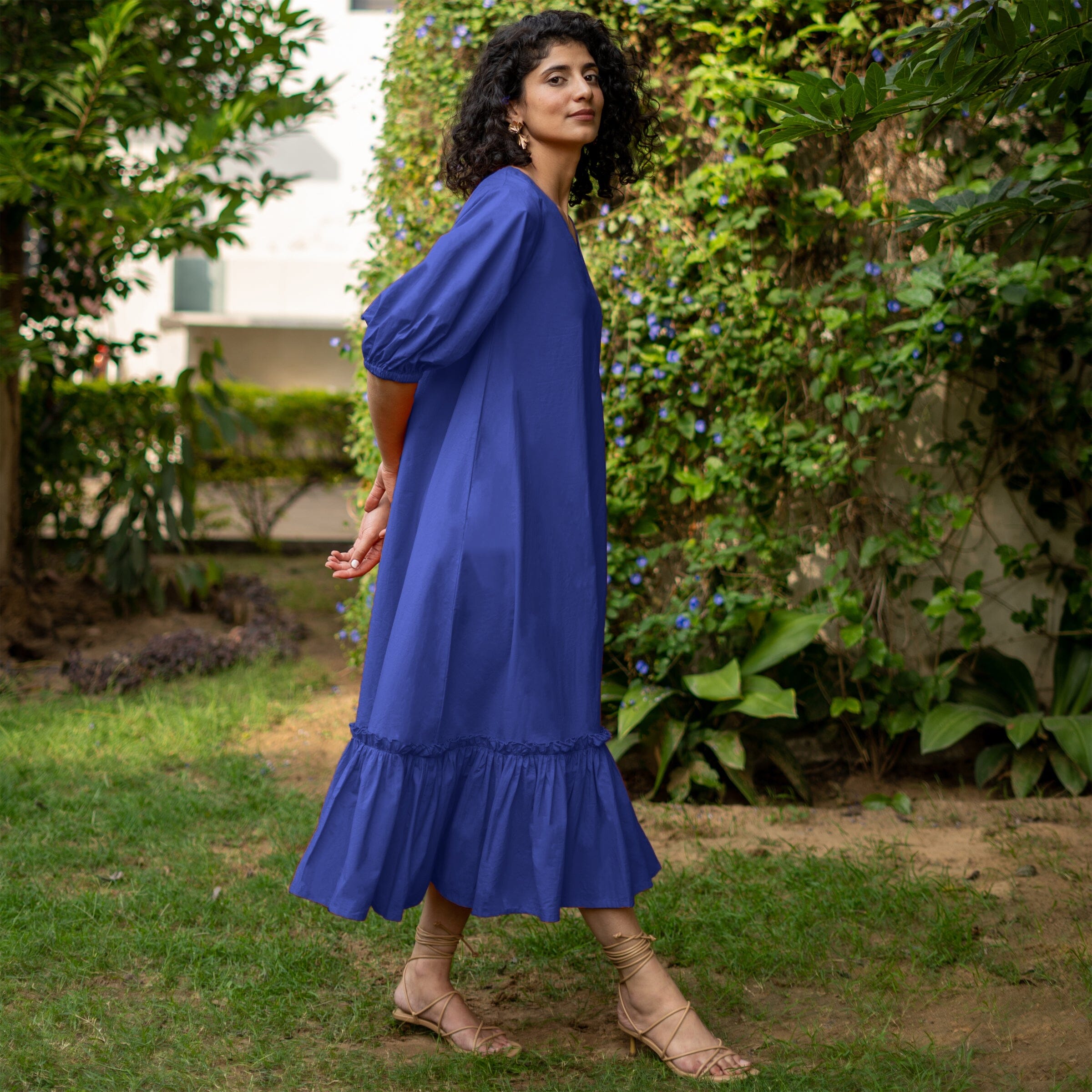 Royal Purple Cotton Poplin A-Line Deep Neck Maxi Tier Dress