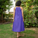 Royal Purple Cotton Poplin A-Line Detachable Sleeve Flared Midi Dress