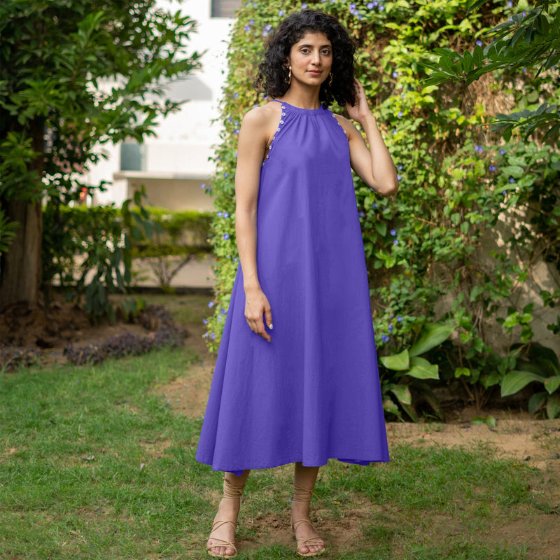 Royal Purple Cotton Poplin A-Line Detachable Sleeve Flared Midi Dress