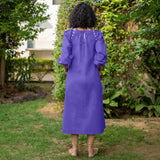 Royal Purple Cotton Poplin A-Line Detachable Sleeve Flared Midi Dress