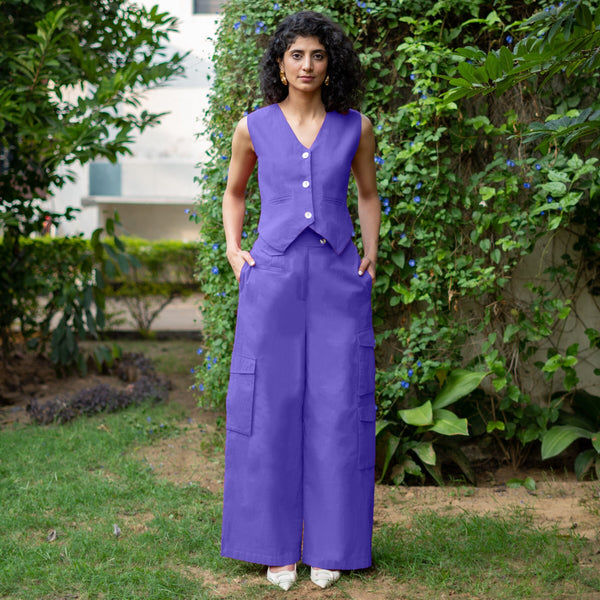 Royal Purple Cotton Poplin High-Rise Elasticated Wide Legged Cargo Pant