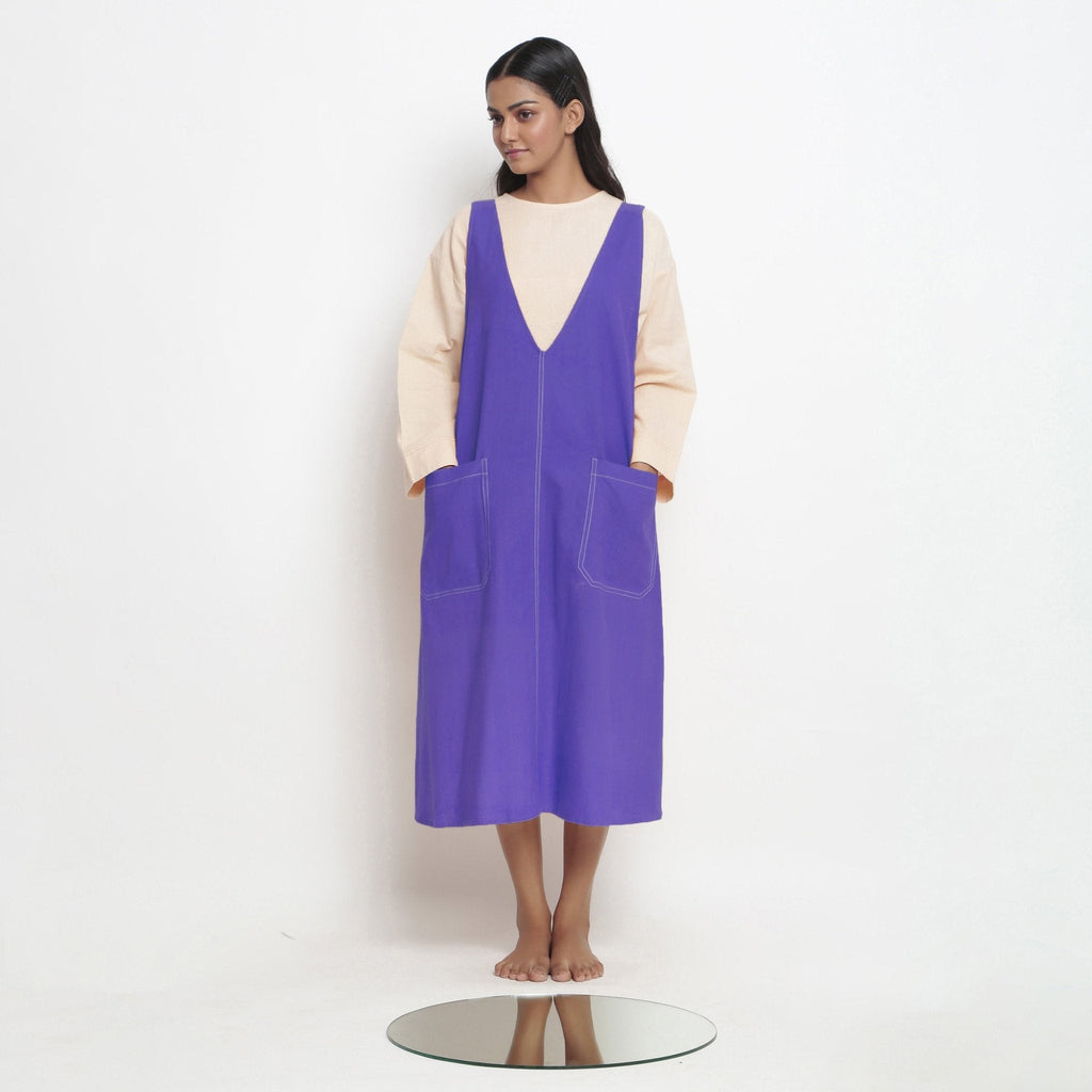 Royal Purple Cotton Poplin Paneled Midi Shift Dress