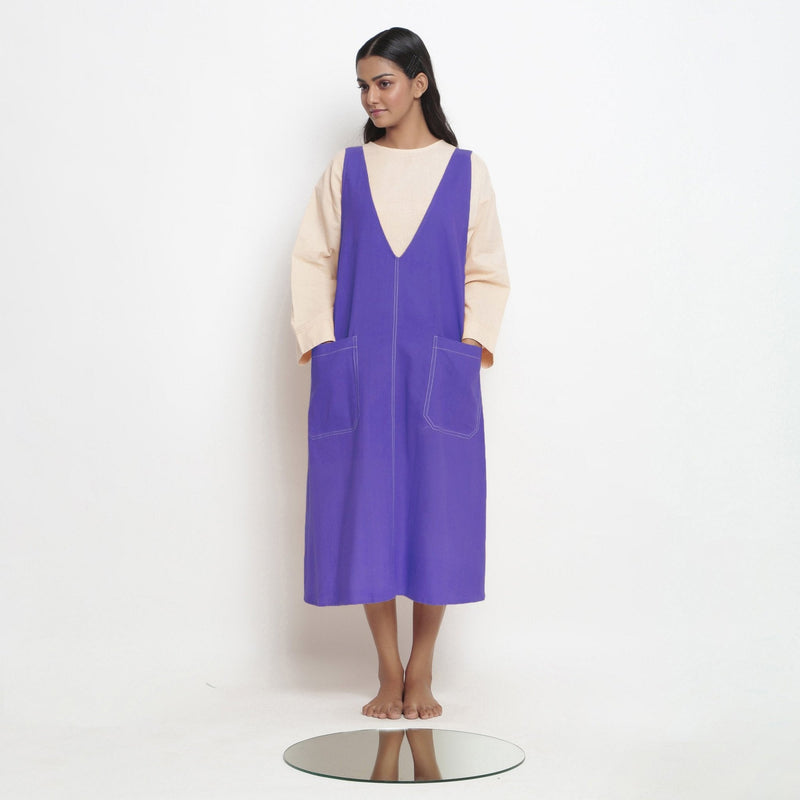 Royal Purple Cotton Poplin Paneled Midi Shift Dress