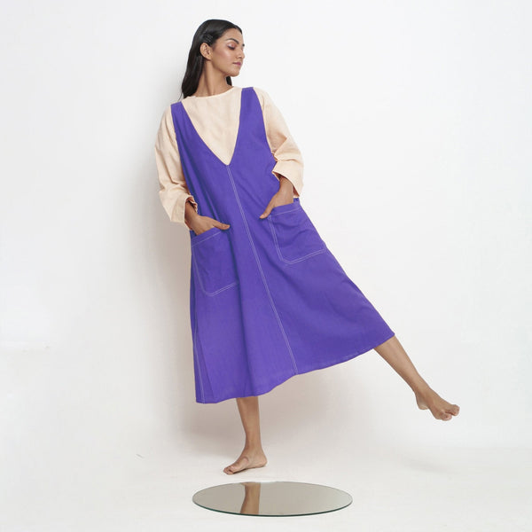 Royal Purple Cotton Poplin Paneled Midi Shift Dress