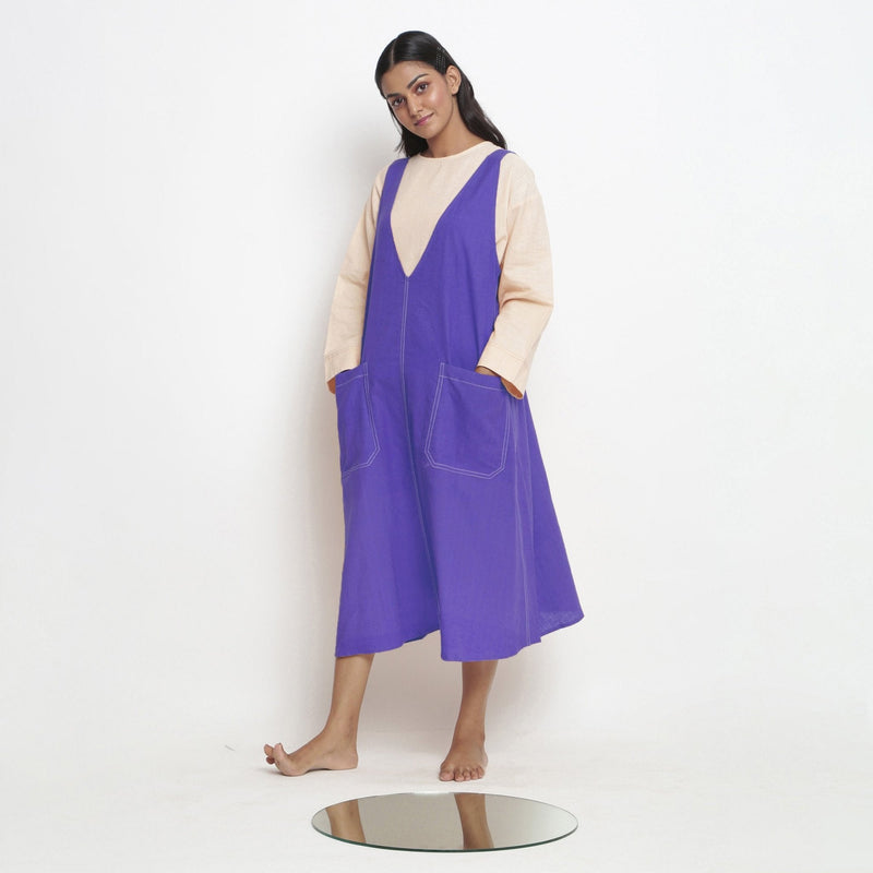 Royal Purple Cotton Poplin Paneled Midi Shift Dress