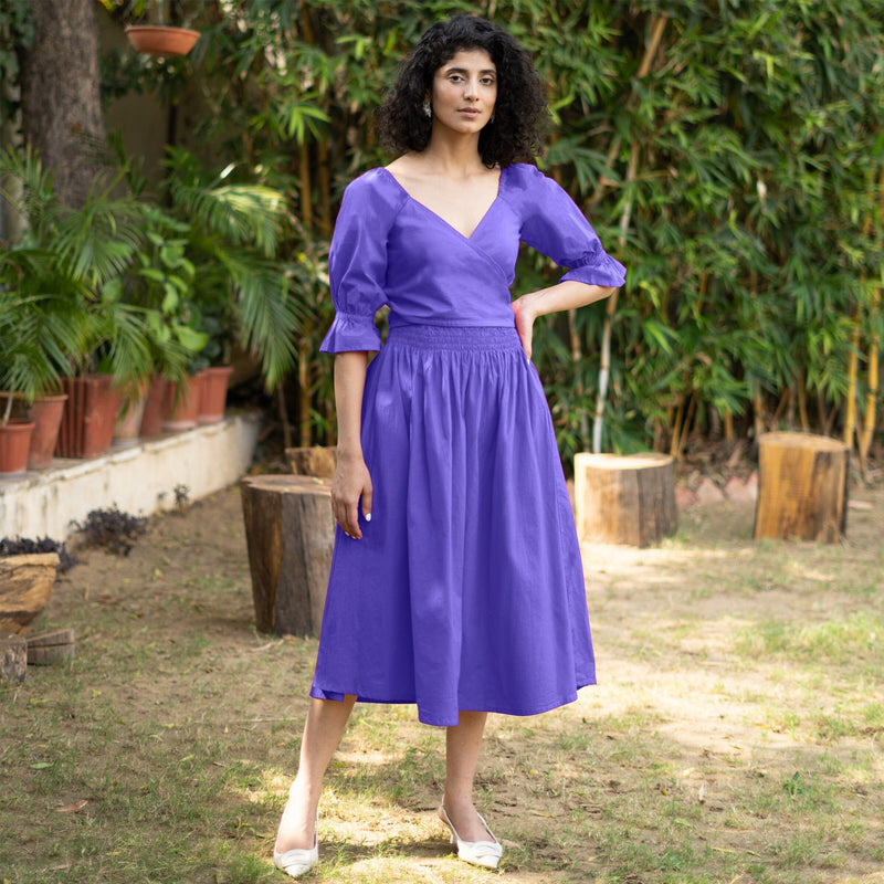 Royal Purple Cotton Poplin V-Neck Gathered Midi Wrap Dress