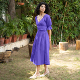 Royal Purple Cotton Poplin V-Neck Gathered Midi Wrap Dress