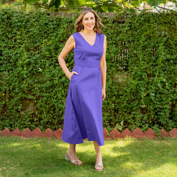 Royal Purple Cotton V-Neck Sleeveless Maxi Dress