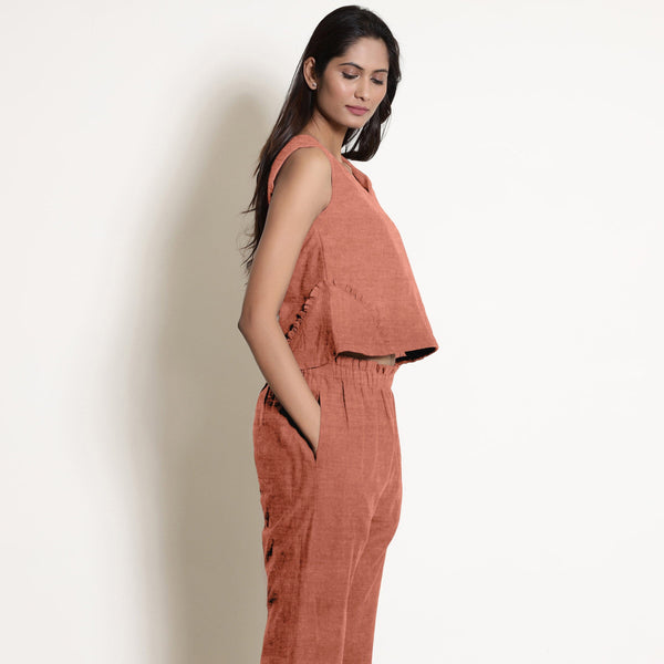 Rust 100% Linen V-Neck Frilled Godet Top