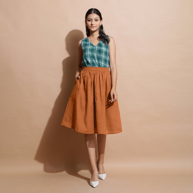 Rust Cotton Flared Knee Length Elasticated Gathered Skirt