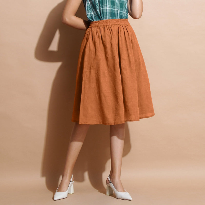 Rust Cotton Flared Knee Length Elasticated Gathered Skirt