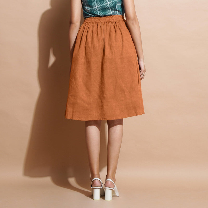 Rust Cotton Flared Knee Length Elasticated Gathered Skirt