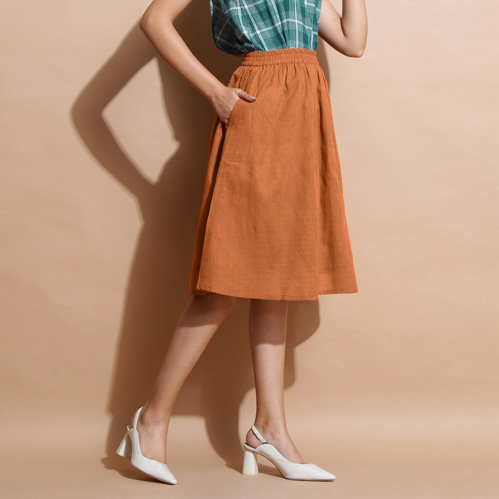 Rust Cotton Flared Knee Length Elasticated Gathered Skirt