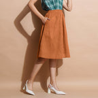 Rust Cotton Flared Knee Length Elasticated Gathered Skirt