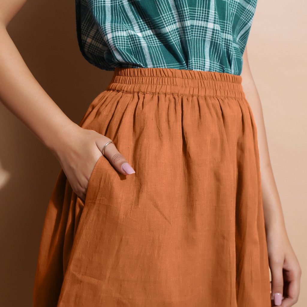 Rust Cotton Flared Knee Length Elasticated Gathered Skirt