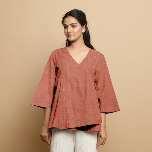 Rust Cotton Linen Asymmetrical V-Neck Godet Top