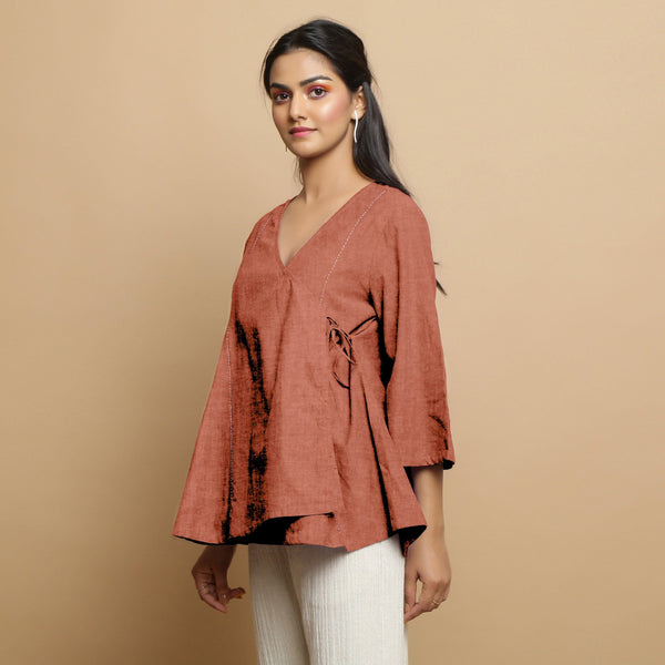 Rust Cotton Linen Asymmetrical V-Neck Godet Top