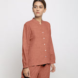 Rust Cotton Linen Mandarin Collar Full Sleeve Shirt