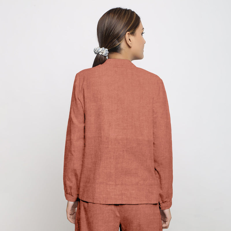 Rust Cotton Linen Mandarin Collar Full Sleeve Shirt