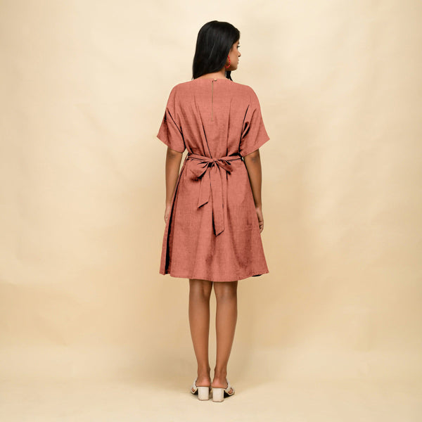 Rust Cotton Linen V-Neck Knee Length Blouson Dress