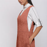 Rust Cotton Linen V-Neck Midi Pinafore Dress