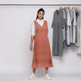 Rust Cotton Linen V-Neck Midi Pinafore Dress