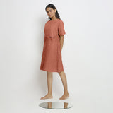 Rust Cotton Linen Yoked Knee Length Shift Dress