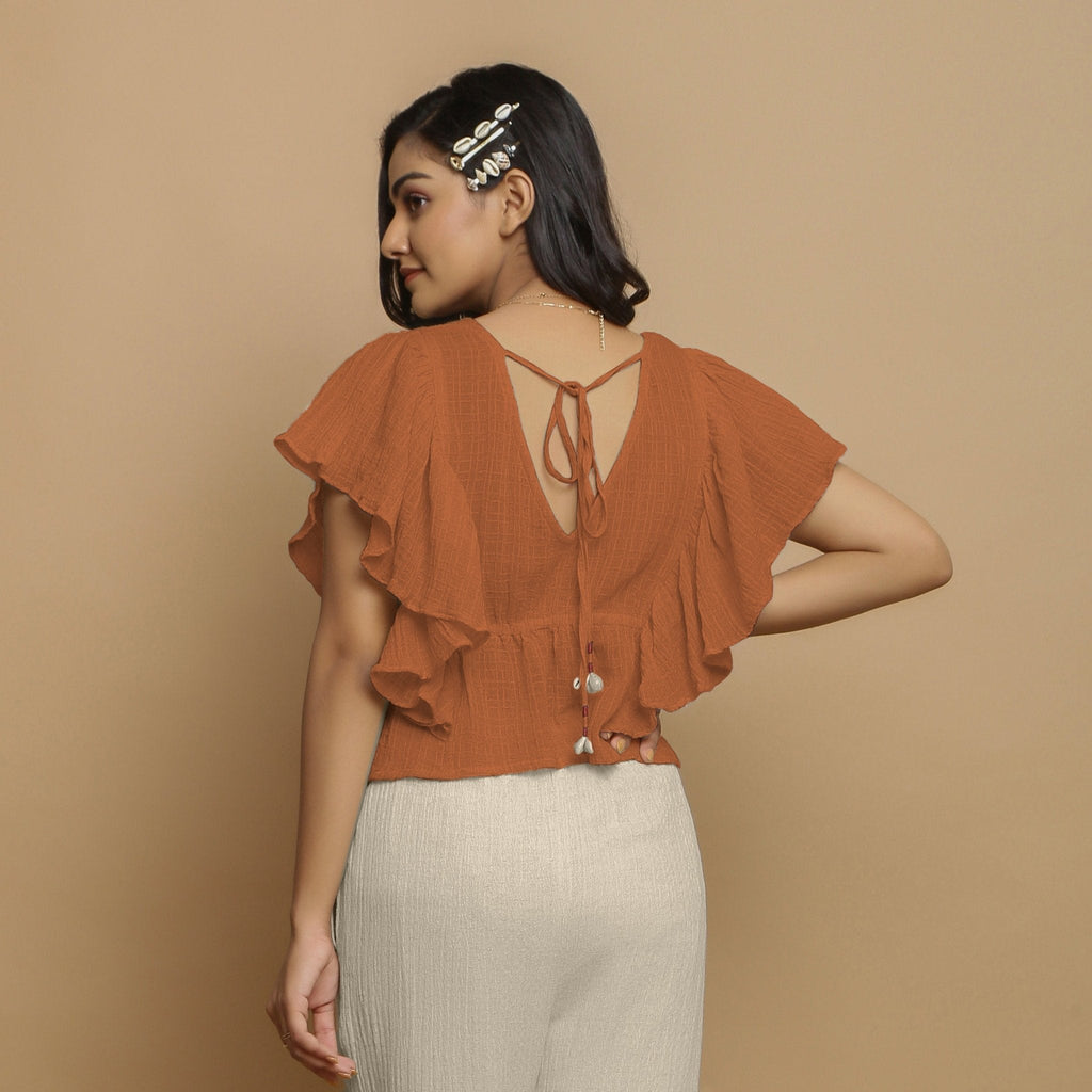 Rust Crinkled Cotton Butterfly Sleeves Crop Top