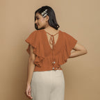Rust Crinkled Cotton Butterfly Sleeves Crop Top