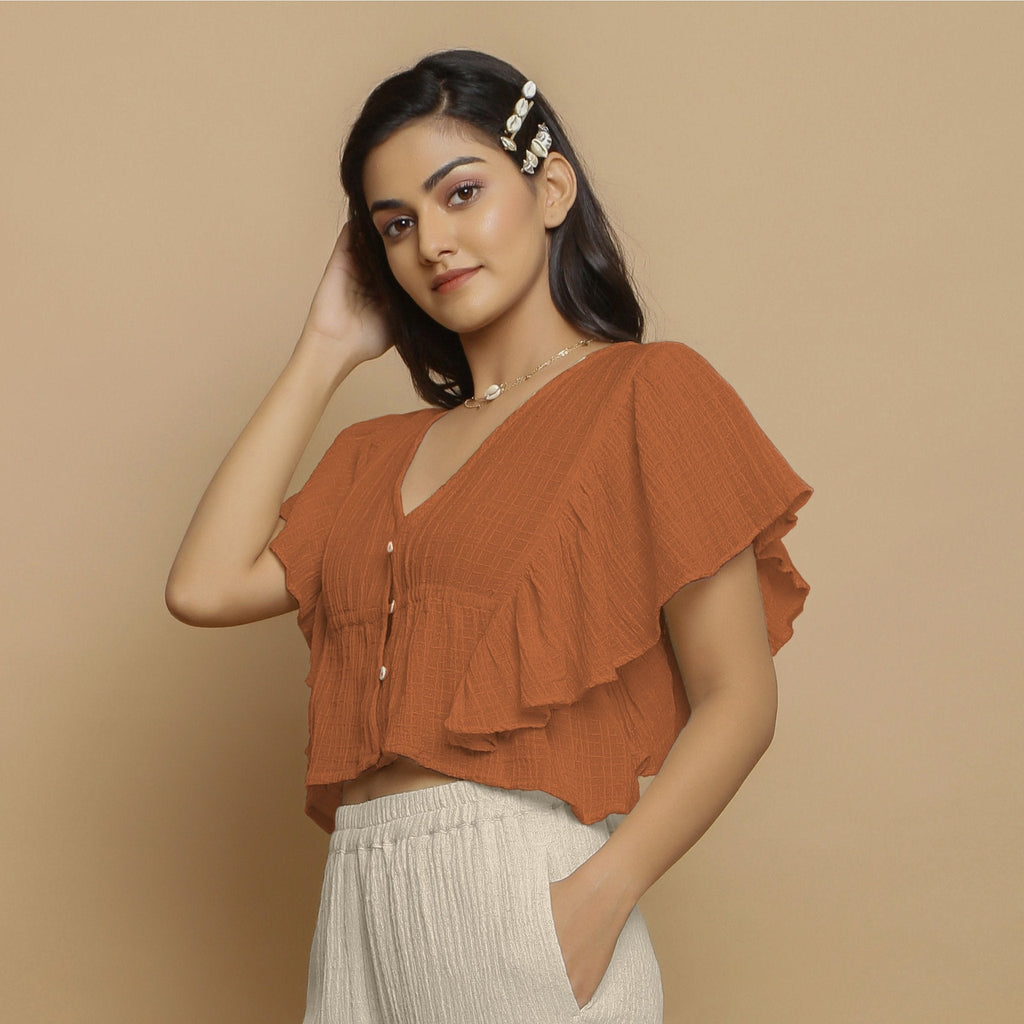 Rust Crinkled Cotton Butterfly Sleeves Crop Top