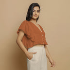 Rust Crinkled Cotton Butterfly Sleeves Crop Top